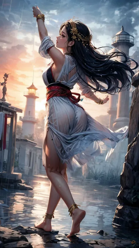 a woman in a white dress is dancing in the rain, inspired by Magali Villeneuve, style artgerm, style of artgerm, style of raymond swanland, alena aenami and artgerm, graphic artist magali villeneuve, by Marek Okon, rossdraws global illumination, style ivan...