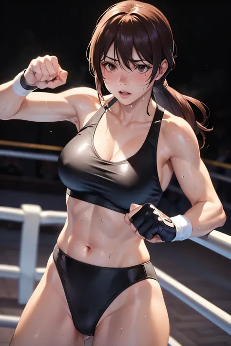 Female boxer right straight punch, upper body, dramatic, masterpiece, sweat, high quality, arm extended punch