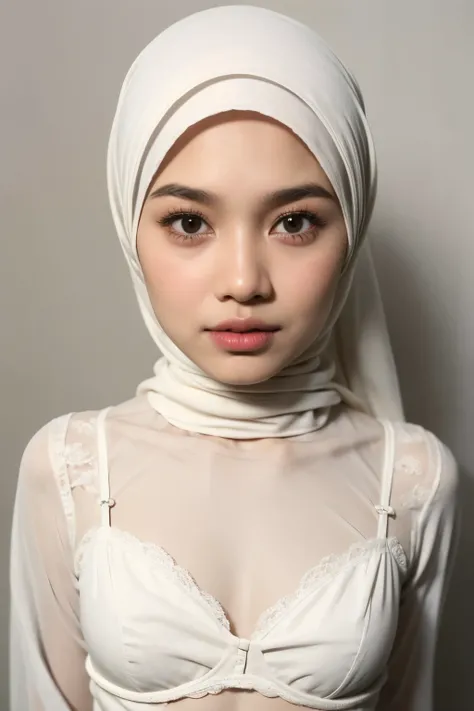 (Wearing Bra Lingerie), (((HIJAB MALAY GIRL))), masutepiece, High quality, UHD 32K, Realistic face, Realistic skin feeling , A Malay Lady, 8 years old, , Very cute and baby-like face, (((FLAT CHEST))), (MATRIX WORLD), ((look In front  at the camera and SAD...