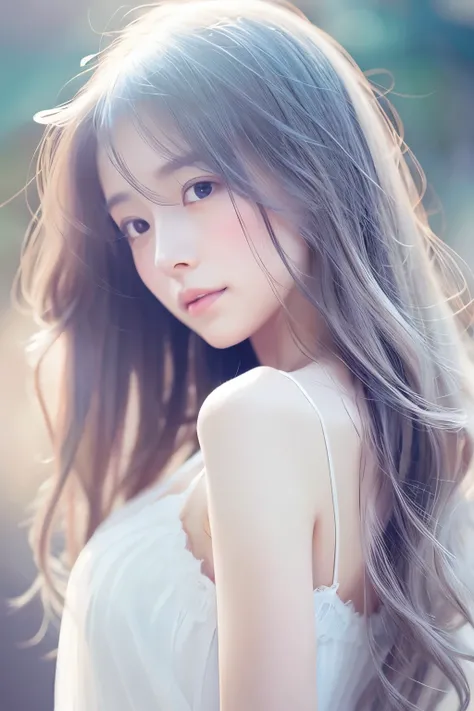 Skinny Japanese girl, soft color palette, beautiful girl, shy expression, illustration, (best quality, ultra-detailed), pastel tones, gentle lighting, flowing hair, delicate features, dreamy atmosphere