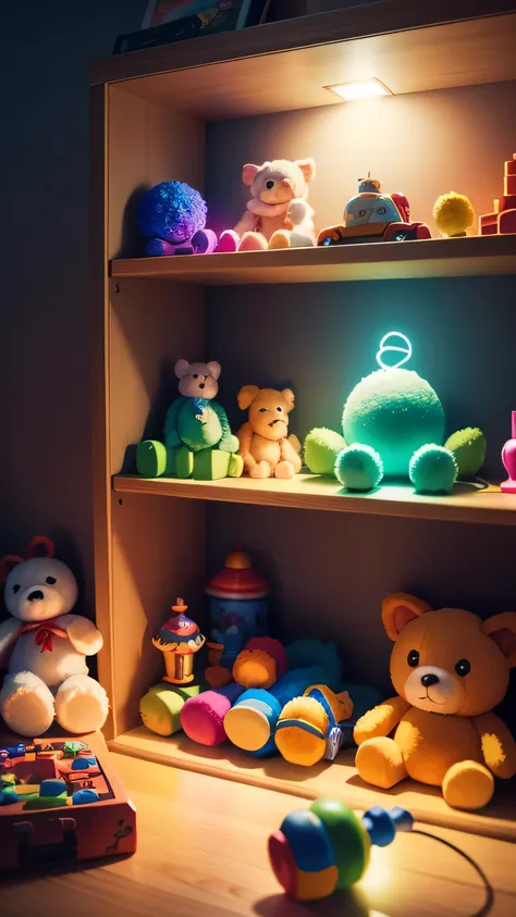 toy shelf with light, toys, 8k