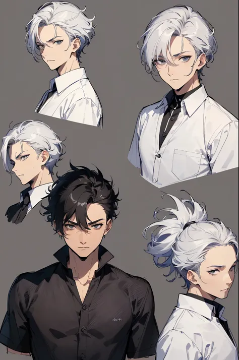 ((master-piece)),(((bestquality))),(Character design sheet, Same character..., Front, side,back), Male ，Face Overview，a 15 year old boy、Hairstyles for gray hair、white shirt，(appearance々Facial expressionultiple Poses and Expression，，Black strokes，various em...