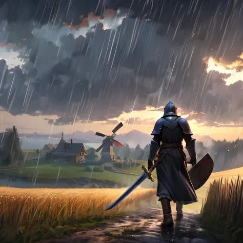 (best quality,4k,highres,masterpiece:1.2), ultra-detailed, realistic:1.37, HDR, Old knight walking, wheat field, rainy day, returning home, cottage, muddy path, medieval armor, sword, helmet, shield, heavy rain, wet ground, muddy boots, gloomy atmosphere, ...