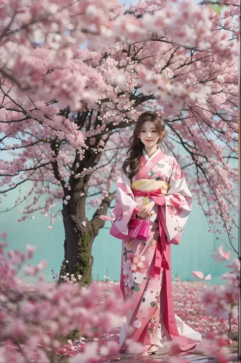 create fun images, A 28 year old brunette woman with messy hair standing in a cherry blossom field. The background is a meadow of cherry blossom trees in a pink color scheme...。. Woman smiling、holding a very large bouquet of white flowers。..., She is weari...