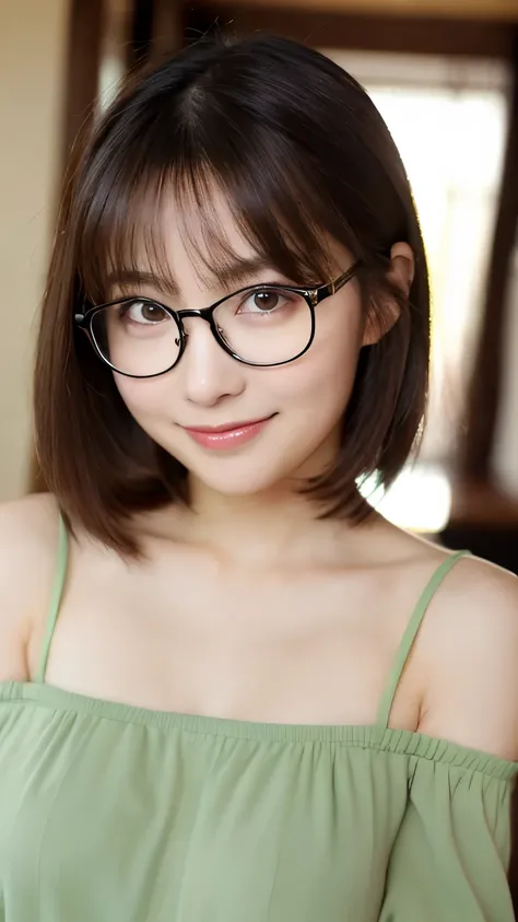 (masterpiece, highest quality, highest quality, )(8K,real photo,Raw photo)detailed face,japanese idol,cute face,natural makeup,((glasses)),random hairstyle,sexy pose,sexy outfit,Upper body,looking at the camera，smile