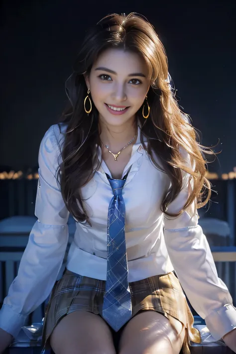 ((beautiful girl:1.3)) ((White blouses with emblem、Blue tie、Plaid miniskirt:1.4)、 (((smile:1.2)) ((medium chest:1.2)) ((close:1.3)) highest quality,masterpiece,ultra high resolution,(realistic:1.4),Raw photo,(real skin texture:1.3),(film grain:1.3),panoram...