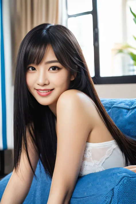 (((Very long, beautifully straight black hair that reaches down to her butt..3)))　((Close-up of face))　(The bangs are neatly trimmed in a princess cut.、It&#39;s long enough to reach your eyes:1.3)　(Her very long black hair is very shiny.、It&#39;s shiny.、An...