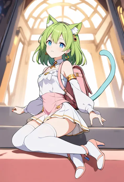 1girl,deltamon_beta, solo, blue eyes, thighhighs, animal ears, bare shoulders, blue tail, earrings,detached sleeves, green hair, sleeveless, cat ears, bag, white thighhighs, cat tail,pink backpack,pink randseru,Ruffled Wrap Radiance: A wrap dress with ruff...