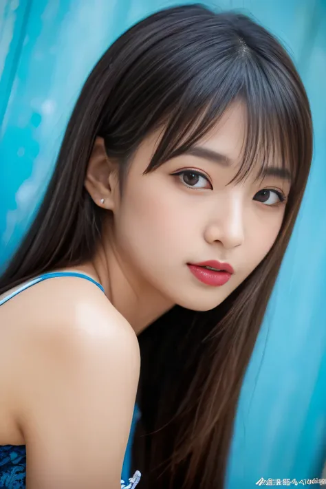 (((Very long, beautifully straight blue hair that reaches down to her hips..3)))　((extreme close-up))　(The bangs are neatly trimmed in a princess cut.、It&#39;s long enough to reach your eyes:1.3)　(Her very long blue hair is very shiny.、It&#39;s shiny.、And ...