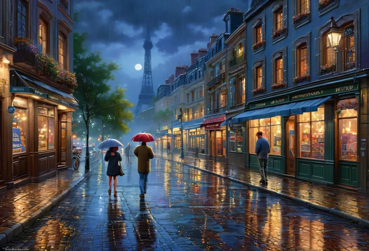 A couple walking down a city street at night, Jigsaw puzzles inspired by Evgeny Rushpin, CG Society Contest Winner, photorealism, Paris street at night, rainy evening, thomas kinkade cfg _ Scale 9, breathtaking masterpiece of art, thomas kinkade. very deta...