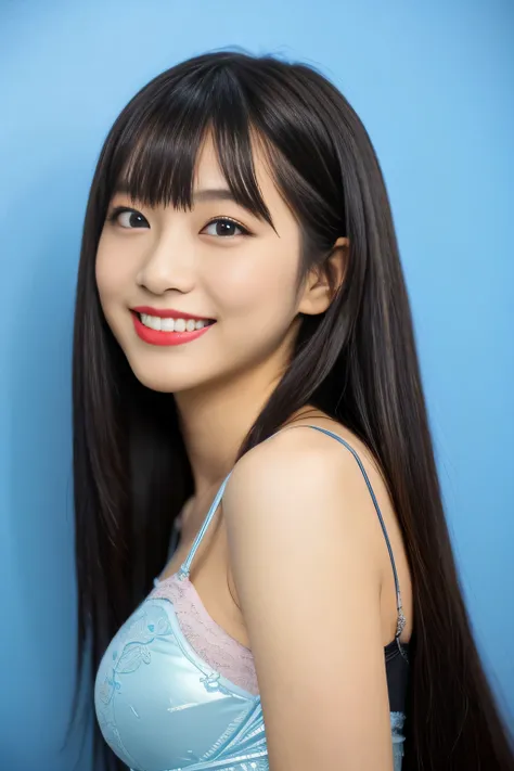 (((Very long, beautifully straight black hair that reaches down to her butt..3)))　((extreme close-up))　(The bangs are neatly trimmed in a princess cut.、It&#39;s long enough to reach your eyes:1.3)　(Her very long black hair is very shiny.、It&#39;s shiny.、An...