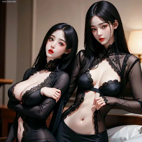 Beautiful girl with realistic black eyes, pale skin, medium length black hair, perfect face, perfect eyes, ,((A tight lace dress with a wide opening from the chest to the navel)), very detailed, comprehensive movie, digital painting, 8K, cinematic lighting...