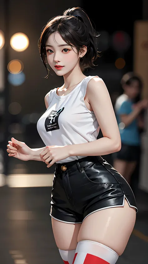 street, single ponytail, side ponytail, high ponytail, Tall figures, long legs, (Sleeveless Lace Shirt), (shorts), (striped stockings)), ((striped stockings)), walk, elegant, dignified, feminine, Curvaceous, cute smile, Strong sense of detail and layering,...