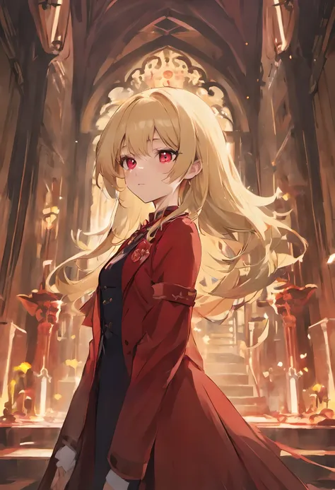 Masterpiece, in castle, blonde hair, cute, vampire, red eye, dress suit, Chinese hair