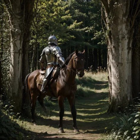 Give me a picture of a knight in a dark forest and a big castle in the distance