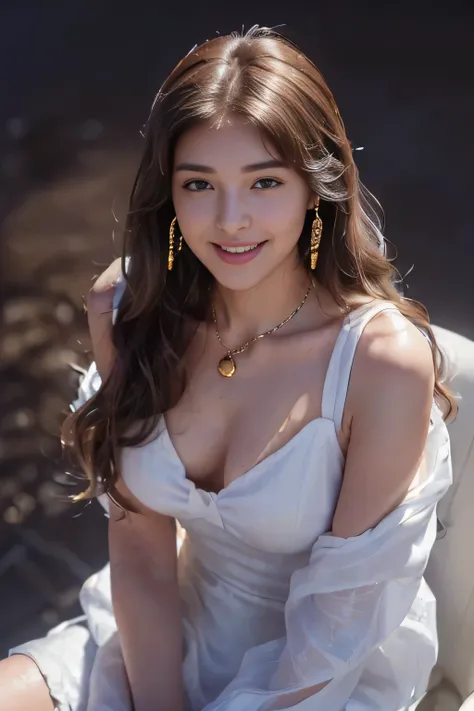 ((beautiful girl:1.3))((wearing a white mini shirt thin dress with chest bragging pose:1.4) (((smile:1.2)) ((medium chest:1.2)) ((close:1.3)) highest quality,masterpiece,ultra high resolution,(realistic:1.4),Raw photo,(real skin texture:1.3),(film grain:1....