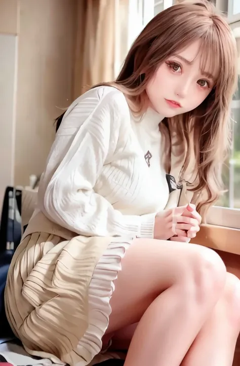 1 girl, single, alone, Beautiful woman、((I could see the whole body:1.3))、 ((middle wave hair, bangs, brown hair)), ((brown eyes, beautiful eyelashes, realistic eyes)), ((detailed face, blush:1.2)), ((smooth texture:0.75, realistic texture:0.65, realistic:...