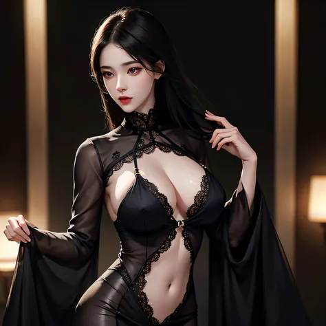 Beautiful girl with realistic black eyes, pale skin, medium length black hair, perfect face, perfect eyes, ,((A tight lace dress with a wide opening from the chest to the navel)), very detailed, comprehensive movie, digital painting, 8K, cinematic lighting...