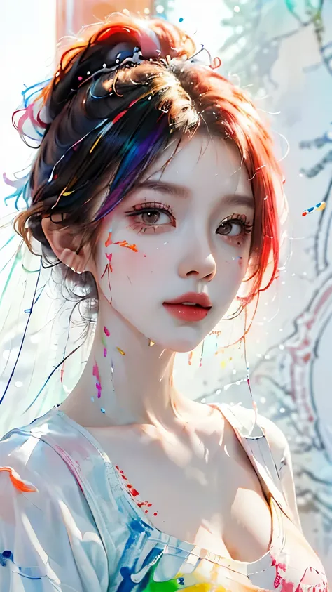 (masterpiece, highest quality, High resolution), white background, ((paint splash, color splash, Ink splashes, color splash)), sweet chinese girl, rainbow hair, pink lips, front, Upper body