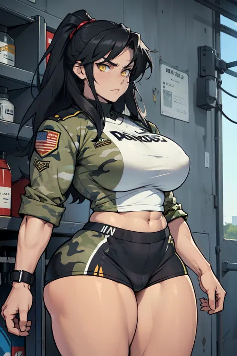 solo, 1 girl, (very long hair), black hair, angry, yellow eyes pale skin (wide hips thick thighs curvy muscular toned body bodybuilder huge tits) (camo uniform)