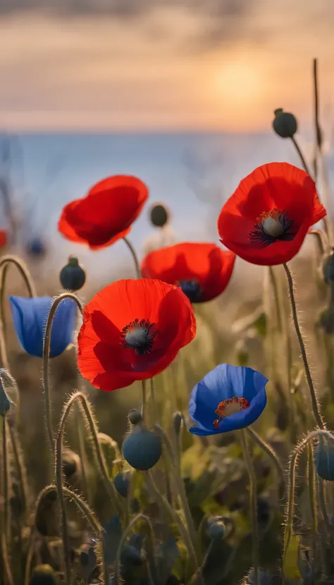 A clump of blue and red Icelandic poppies and a clean blue sky，Sun rise，depth of field