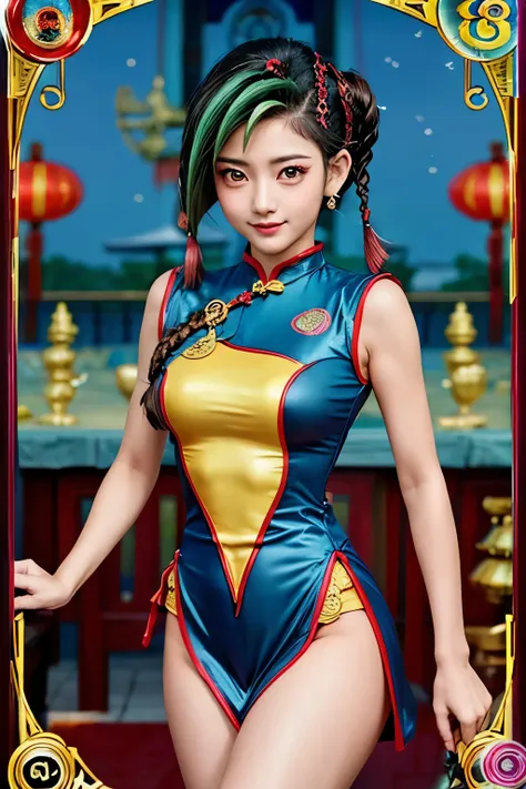 Yu-Gi-Oh，Moon-watching birds，Eyes are very delicate，Beautiful girl with double braids wearing sexy cheongsam，Chinese new year decoration（（grinning））（（（masterpiece）））， （（best quality））， （（intricate details））， （（Surrealism））（8k）