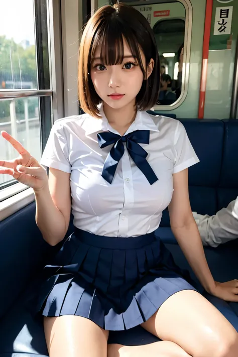 japanese girls、18yo girl、ple short hair、Blond Hair、bangs、BROWN EYES、Perfect figure、Sense of transparency、luster、glosodest chest、School Uniforms、Navy blue ribbon、Light blue shirt、Navy blue skirt、Guangyue、Burning body、hposing Gravure Idol、On the train、Beauti...