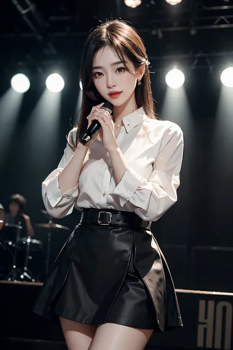 Korean beauty wearing black dress and holding microphone on stage. perform on stage, Korean beauty wearing short skirt and shirt, red lips,mature woman,assembly, Liuyifei, (best quality, masterpiece:1.2), very detailed, (realistic:1.37), beautiful, young, ...