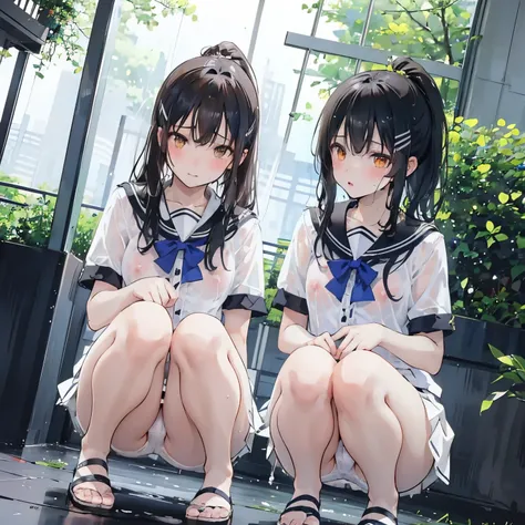 realistically, 2 girls, twintail, 1 ponytail, brown eyes, glowing eyes, white short skirt, Blush, daytime, Wet from the rain, see through, Strapless, nipples, squatting, pussy, 16 years old, crotch, upskirt, pee, embarrass