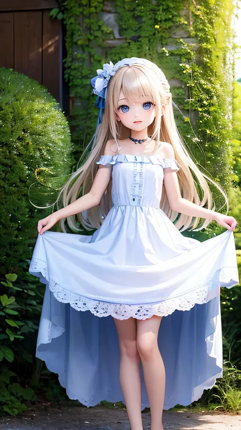 very cute girl、15 years old、light yellow hair、straight hair、Bangs between the eyes、Light Blue Eye、thin arms、Beautiful body、slim legs、clear white skin、smile、、long dress、White and blue、Super high quality、digital single lens reflex、