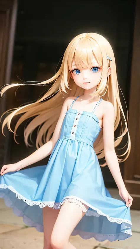 very cute girl、15 years old、light yellow hair、straight hair、Bangs between the eyes、Light Blue Eye、thin arms、Beautiful body、slim legs、clear white skin、smile、、long dress、White and blue、Super high quality、digital single lens reflex、