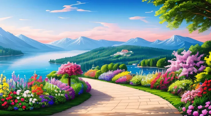 villa painting, flowers next to the fence, fence along the road,  Mountain landscape with lake and boats, Illustration Matte Paint,  Inspired by Thomas Kinkade, symmetrical matte paint, detailed scenery , a raw style, 8K ultra-detailed、sunrise、