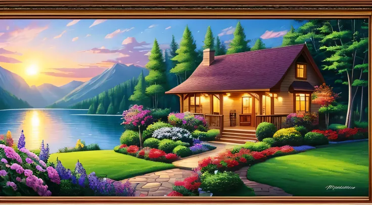 villa painting, flowers next to the fence, fence along the road,  Mountain landscape with lake and boats, Illustration Matte Paint,  Inspired by Thomas Kinkade, symmetrical matte paint, detailed scenery , a raw style, 8K ultra-detailed、sunrise、