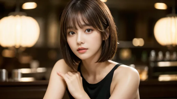 (masterpiece, Super detailed, very detailed, exquisite, 16k, confused), woman, 19 years old, glamorous, (Refreshing breeze:1.4), looking at the viewer, short hair, messy hair, diagonal bangs, brown hair, brown eyes, Upper body, cinematic lighting, Blurry b...