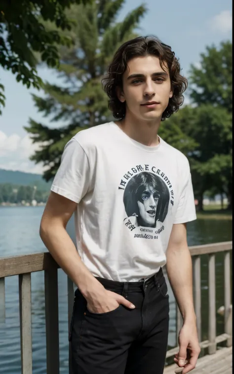 Retro, 80s, Timothee Chalamet, 19-year-old guy, athletic build, black curly hair, in a white T-shirt with the inscription AC DC, in black trousers, against the background of the lake, month of August, summer