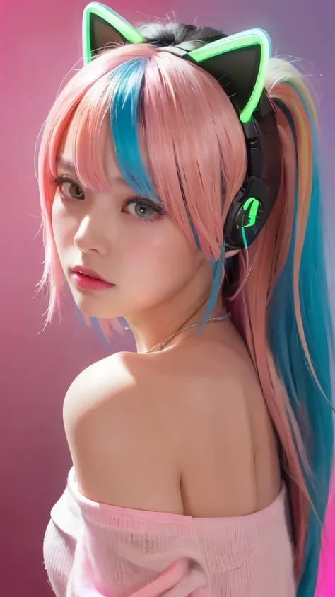 masterpiece, highest quality, 4K, Photorealistic, bokeh, enlightenment,1 perfect portrait of a girl, (A fascinating eye for perfect detail:1.2), colorful hair, (gradient hair), (neon pink hair:1.6), (Cat ear), fantasy background, (exposed bare shoulders), ...