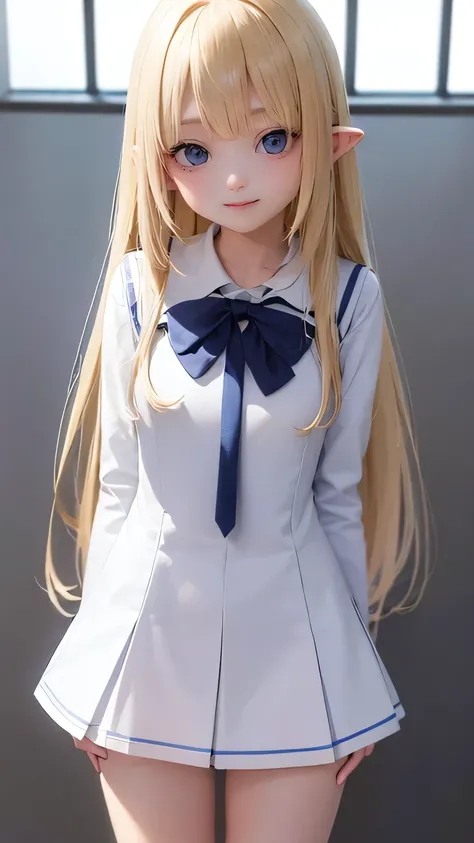 very cute girl、15 years old、light yellow hair、long straight hair、Bangs are too close to the eye、Light Blue Eye、(normal ears)、thin arms、Beautiful body、slim legs、big eyes、large, well-shaped breasts,、clear white skin、smile、(school uniform、uniform white and bl...