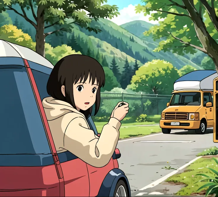 girl、camp、nature、car、tent、hoodie、coffee、laid back