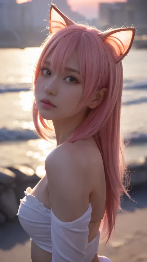 {{masterpiece}},{{highest quality}},enlightenment,1 perfect portrait of a girl, A fascinating eye for perfect detail), colorful hair,(gradient hair), (Neon Pink hair:1.2),(cat ears:1.3),Long and slim body type, fantasy background, {exposed bare shoulders},...