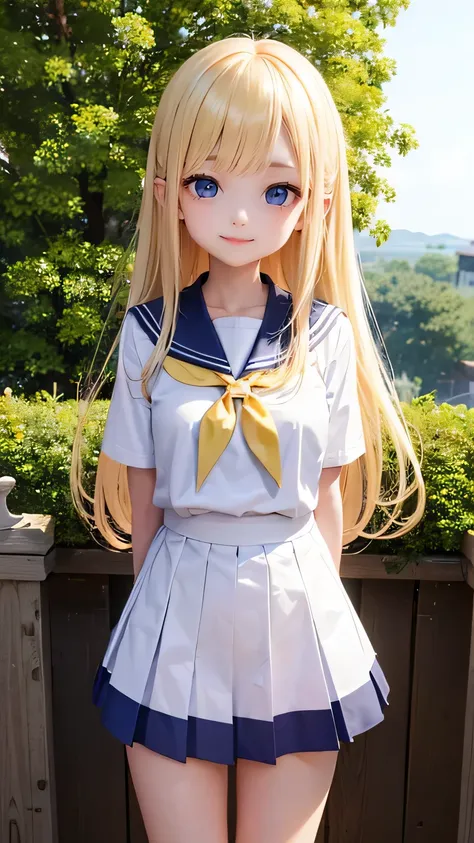 very cute girl、15 years old、light yellow hair、long straight hair、Bangs are too close to the eye、Light Blue Eye、(normal ears)、thin arms、Beautiful body、slim legs、big eyes、large, well-shaped breasts,、clear white skin、smile、(school uniform、uniform white and bl...