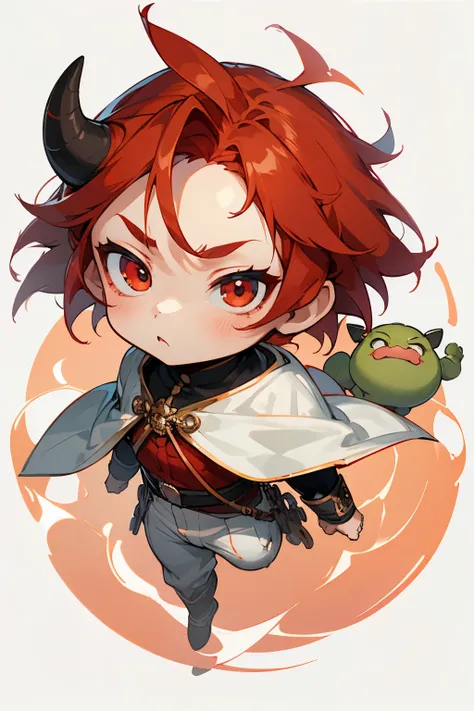 boy, full body, cartoon style, chibi style, cute, ogre horn, beautiful face, beautiful eye, high detailed pupil, double eyeylid, high detailed skin, high quality skin, red color hair, white clothes, masterpiece, 