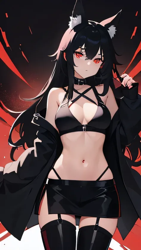 black fox girl , red eyes , long hair , black bra , black underwear , black coat , black boots