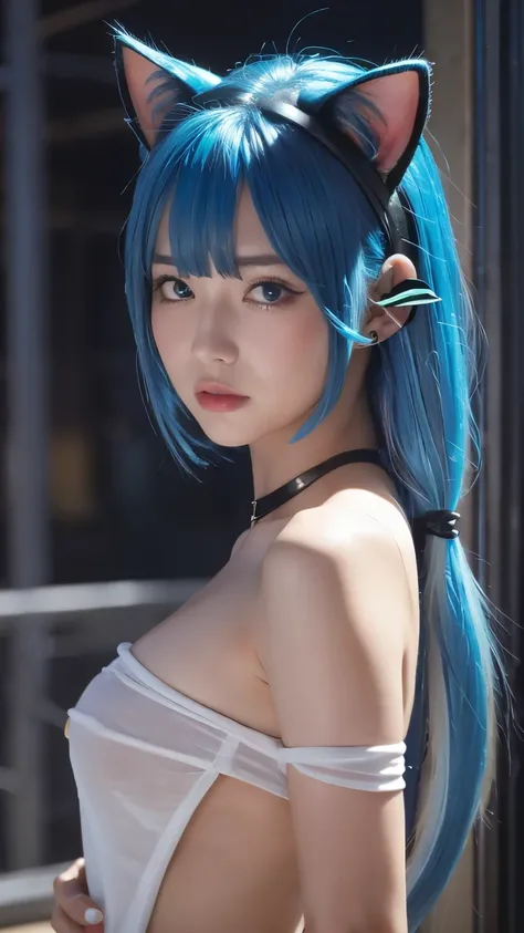 {{masterpiece}},{{highest quality}},enlightenment,1 perfect portrait of a girl, A fascinating eye for perfect detail), colorful hair, (blue hair:1.6),(cat ears:1.3),Long and slim body type, fantasy background, {exposed bare shoulders},{long-term alienation...