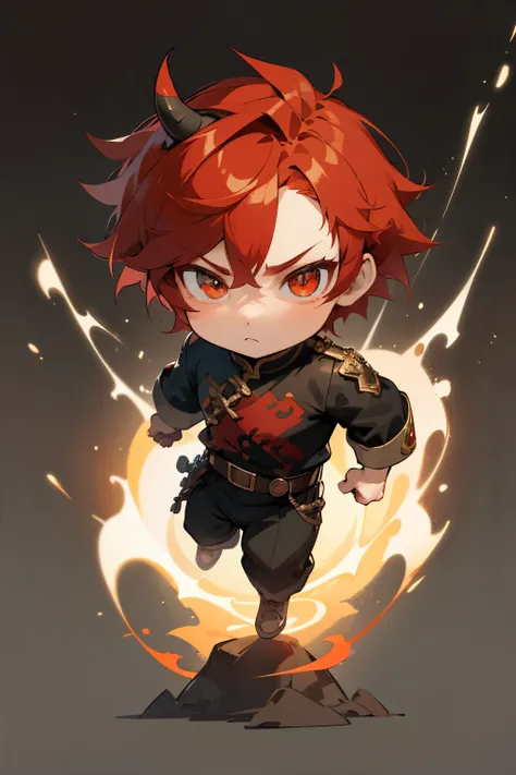 boy, full body, cartoon style, chibi style, cute, ogre horn, beautiful face, beautiful eye, high detailed pupil, double eyeylid, high detailed skin, high quality skin, red color hair, black clothes, masterpiece, 