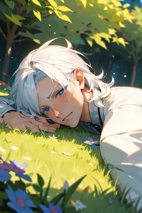 Excellent, masterpiece, white hair, blue eyes, hair, fair skin, man face with sharp angles in the garden park male bust shot lying on his side on the park grass with tears on his face