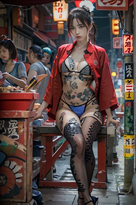 RAW image quality, Japanese, 14 years old, embarrassed expression, Girl and Horihada, Yakuza, japanese mafia, Background of Tokyo Red Light District, realistic, Photoreal, masterpiece, highest quality, Movie photo of a Japan cartel gang with tattoos, spect...