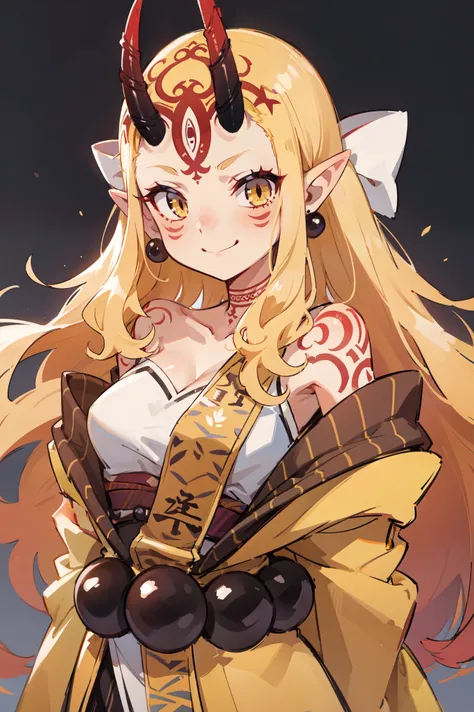 1girl, solo, (ibaraki_douji), blonde, yellow eyes, oni horns, japanese clothes, pointy ears, kimono, bare shoulders, off shoulder, yellow kimono, forehead, ((arms behind back)), hair accesories, straight hair, jewelry, earrings, large smile, smug, upper bo...