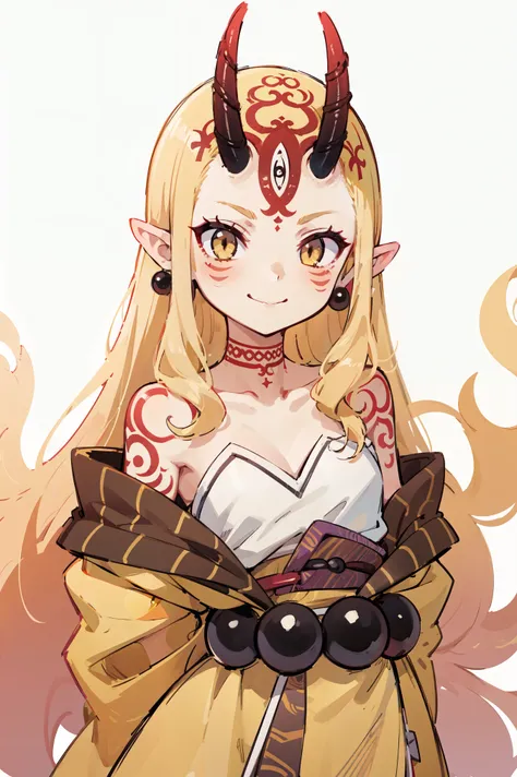 1girl, solo, (ibaraki_douji), blonde, yellow eyes, oni horns, japanese clothes, pointy ears, kimono, bare shoulders, off shoulde...