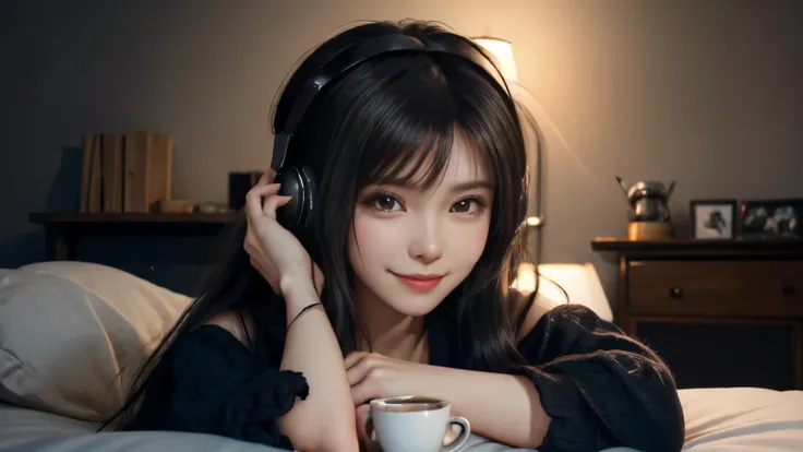 20 year old dark-haired woman、Being Calm、gentle light、black background、Coffee、head shot、Lo-Fi Illustration、a relaxing sight、In a warm room、I feel relieved、smile、Looks fun, with headphones on