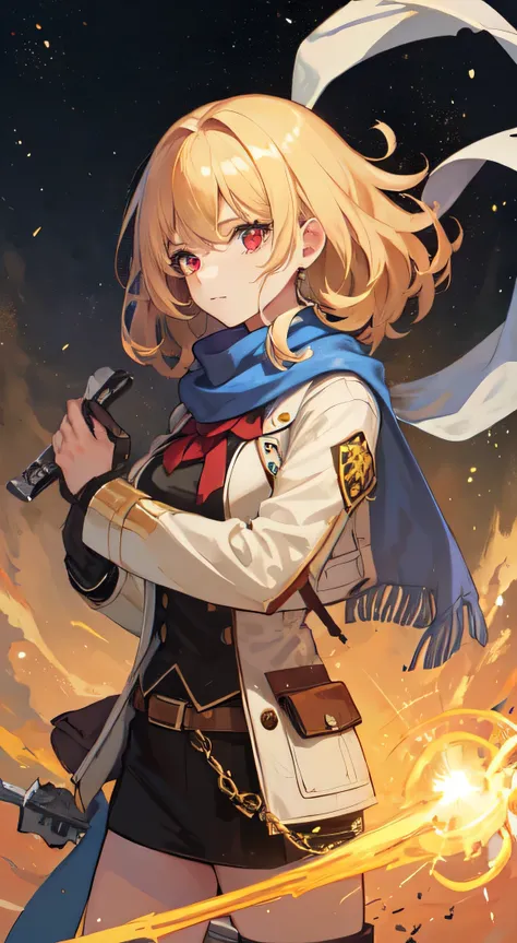 25 year old female ,Blonde medium length curly hair, red eyes, Thin, Big  ,scarf, Western style light guerrilla uniform, musket, boots, magic circle, Make it like tarot anime style but without the frame, sharp eyes, Golden energy, Golden particles, gunpowd...